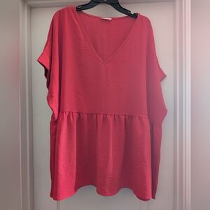 V-Neck Short Sleeve Flowy Babydoll Top - Red Size 2XL